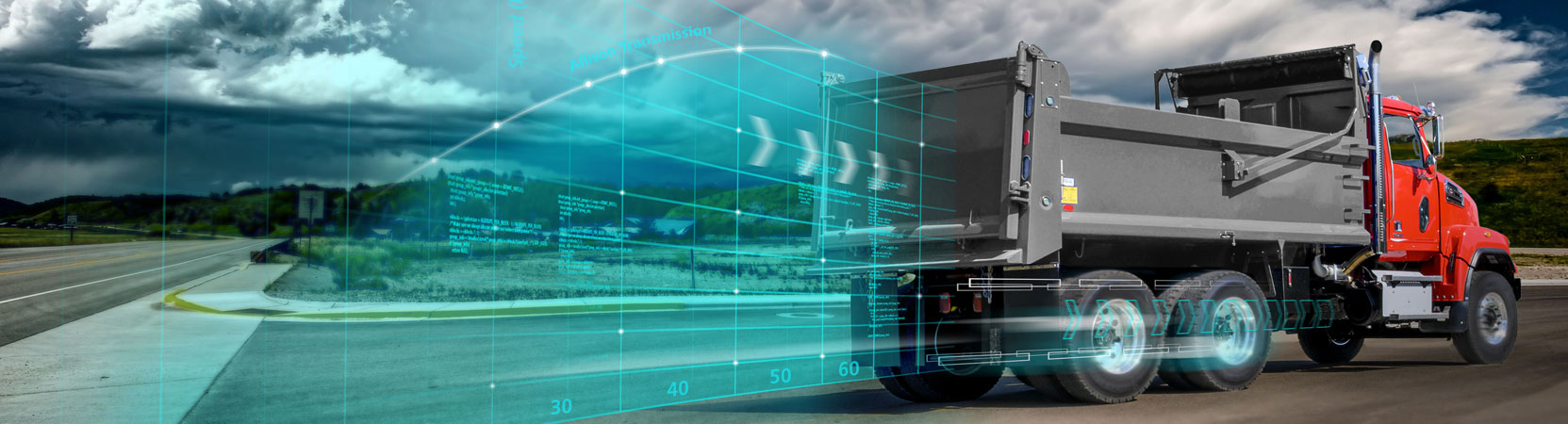 A red truck takes a right turn. Blue grid lines show movement on the truck.