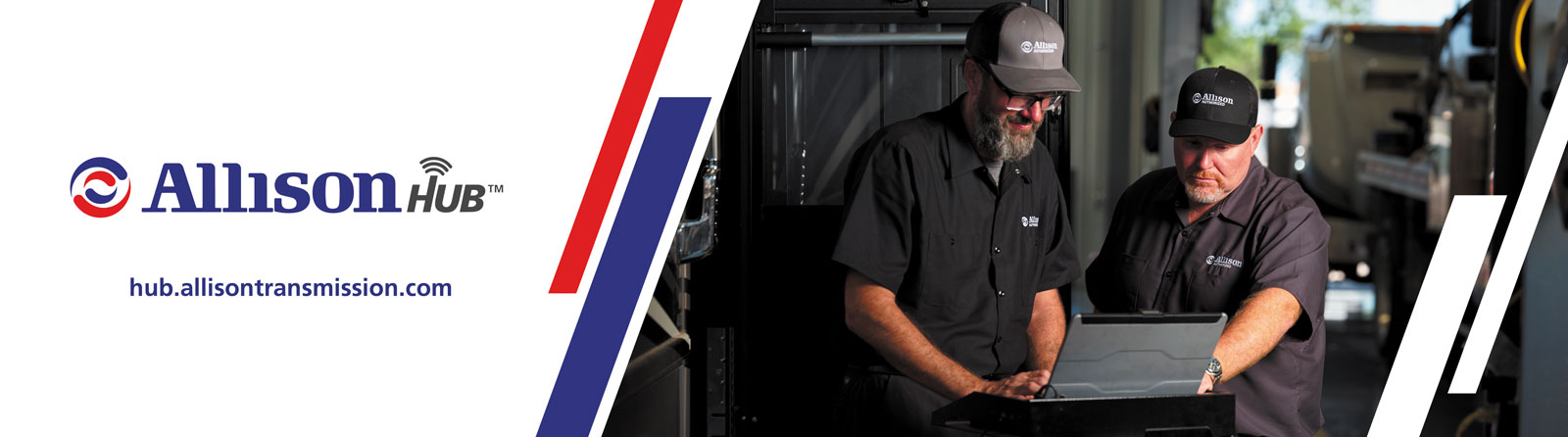 Two men look at a computer screen in an auto shop. The words &quot;Allison HUB&quot; are located next to the picture.