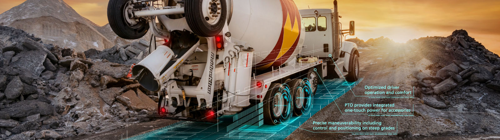 A white cement mixer travels up a dirt mound.
