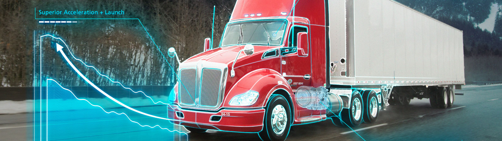 A red tractor with a white trailer travels down a road. Blue lines showing acceleration are shown coming from the front of tractor.a